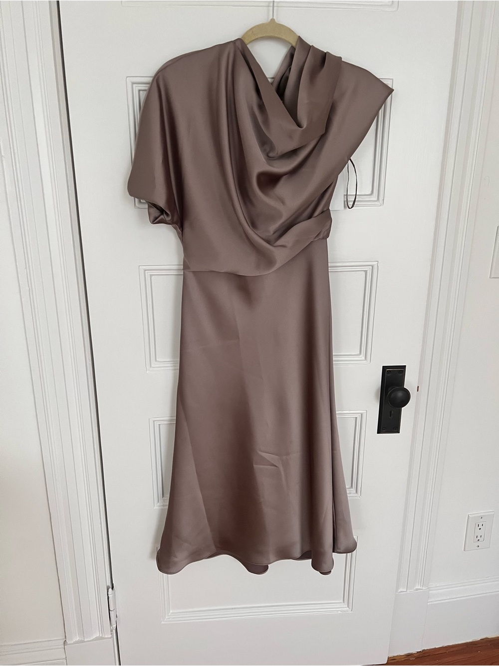 Amsale Taupe Satin Cowl-Neck Midi Dress